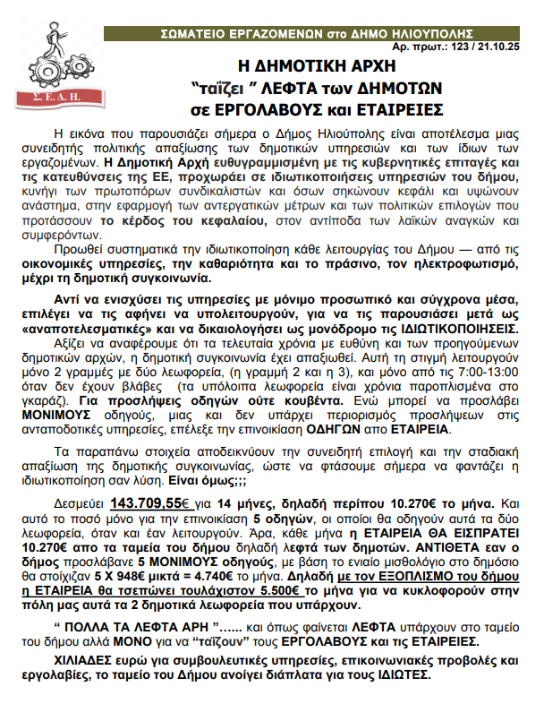 image 2 Εργαζόμενοι Δήμου Ηλιούπολης: «Η Δημοτική Αρχή Ταΐζει Εργολάβους & Εταιρείες Με Λεφτά Των Δημοτών»